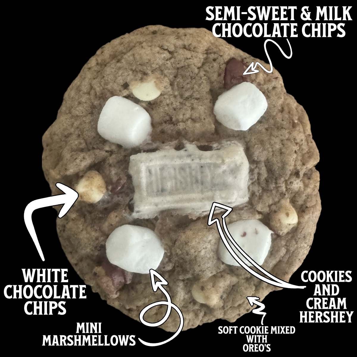 A cookie with semi-sweet and milk chocolate chips, mini marshmallows, and a central cream piece, labeled with ingredients such as white chocolate chips and cookies and cream Hershey's.