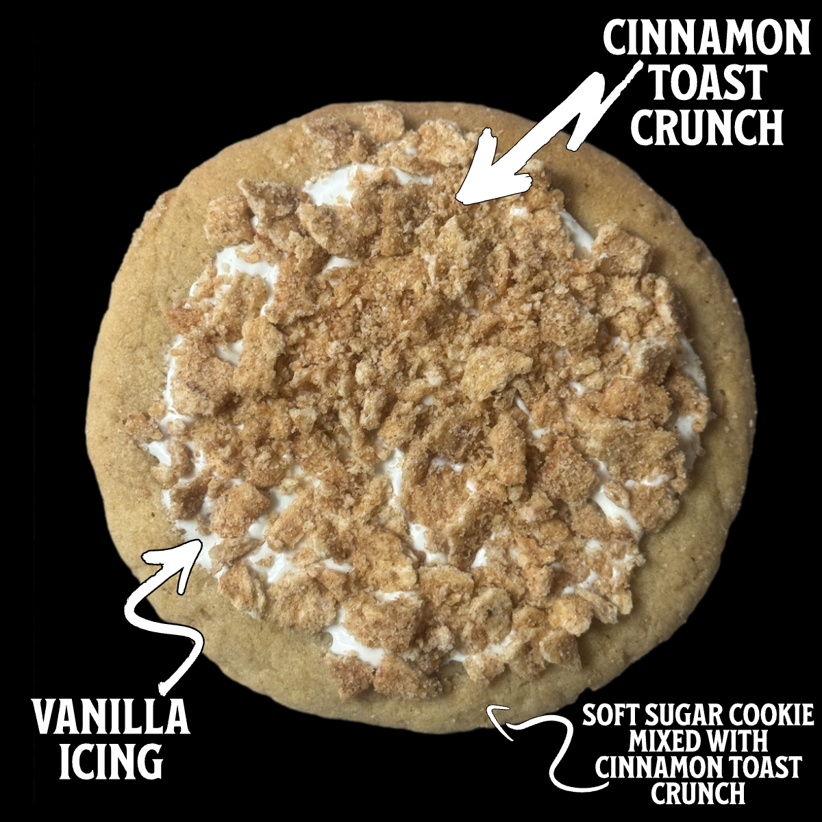 A circular cinnamon toast crunch cookie with vanilla soft sugar cookie icing and cereal crunch on top, labeled with the text 'Cinnamon Toast Crunch'. The image also highlights the ingredients with a 'Vanilla Soft Sugar Cookie Icing' and 'Cereal Crunch'.