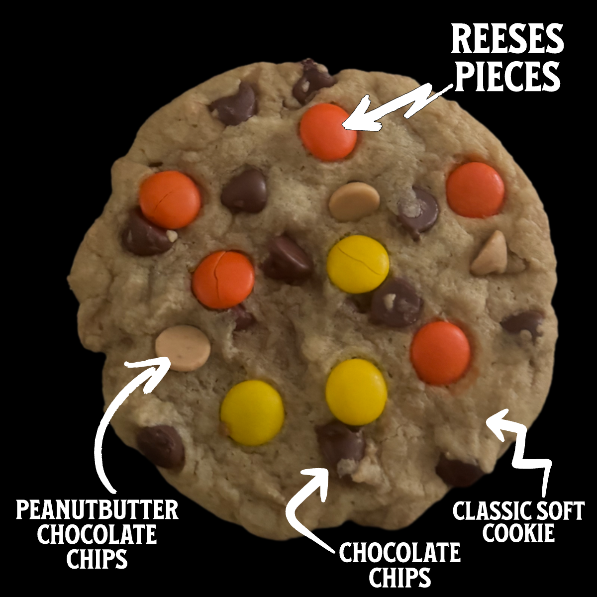 Cookie with candy pieces and chocolate chips labeled on a black background